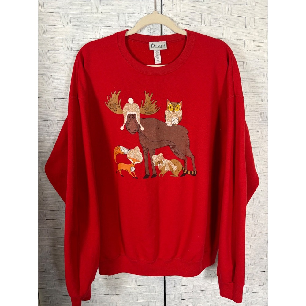 Artisans Womens Sweatshirts Red Christmas Woodland Animals Moose Owl Fox Glitter